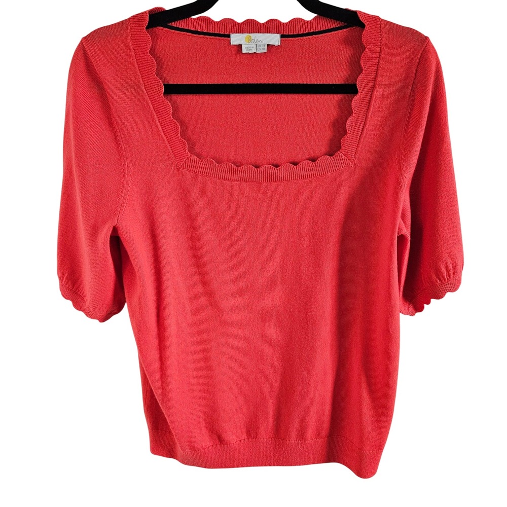 Boden Coral Red Scallop Square Neck Short Sleeve Sweater